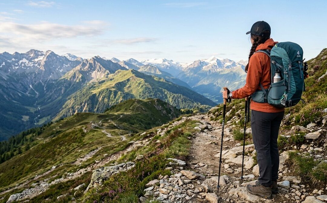 Turysta z plecakiem i kijkami trekkingowymi, podziwiający malowniczy górski krajobraz, wie co zabrać w góry na udaną wyprawę.