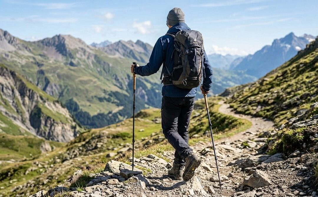 Wędrowiec na szlaku w górach, opierający się na solidnych kijkach trekkingowych. Niezbędny element dla udanego zakupu kijków trekkingowych.