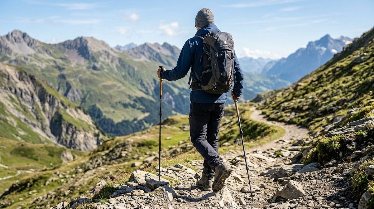 Wędrowiec na szlaku w górach, opierający się na solidnych kijkach trekkingowych. Niezbędny element dla udanego zakupu kijków trekkingowych.