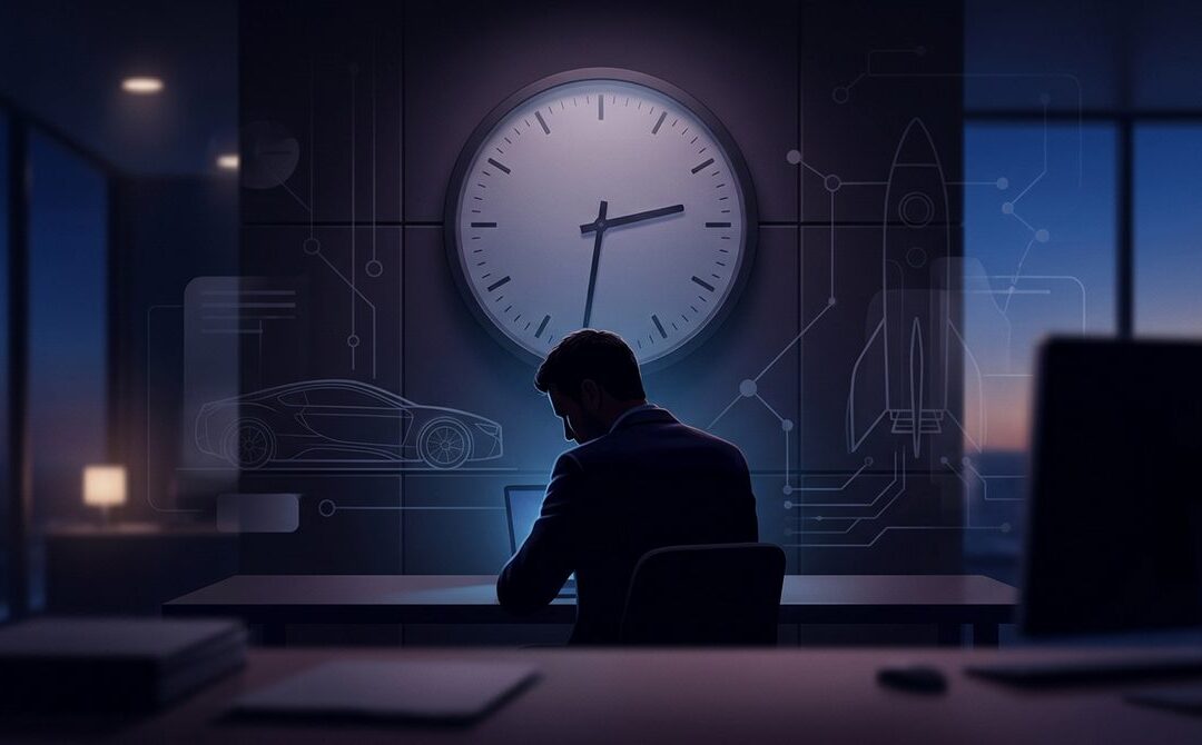 Ile godzin śpi Elon Musk? Zmęczony wizjoner w tle z zegarem wskazującym 6 godzin snu, symbolizującym intensywną pracę i krótką regenerację.