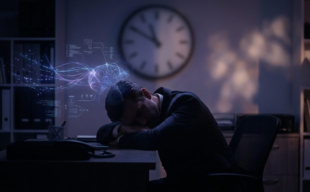 Sylwetka zmęczonego przedsiębiorcy przy biurku, z zegarem w tle, symbolizuje, ile godzin śpi Elon Musk i potrzebę regeneracji.