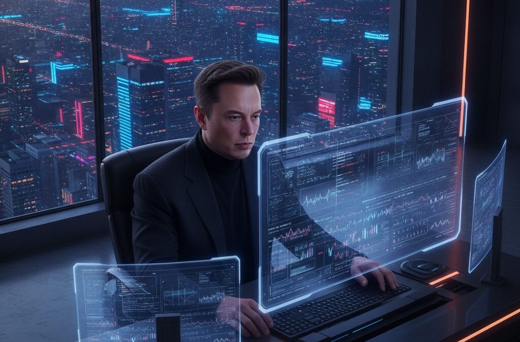 Ile godzin śpi Elon Musk? Zmęczony, ale zdeterminowany lider technologii w futurystycznym biurze o późnej porze.