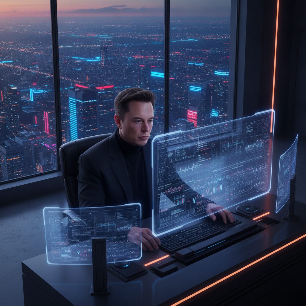 Ile godzin śpi Elon Musk? Zmęczony, ale zdeterminowany lider technologii w futurystycznym biurze o późnej porze.