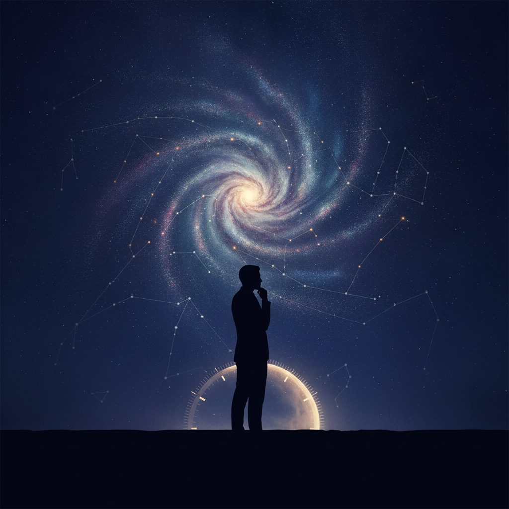 Zamyślony Elon Musk pod nocnym niebem z elementami zegara i galaktyki, symbolizujący, ile godzin śpi Elon Musk i jego balans między pracą a regeneracją.