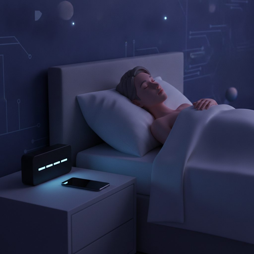 Ilustracja przedstawiająca osobę śpiącą krótko, z cyfrowym zegarem i smartfonem. Analiza ile godzin śpi Elon Musk.