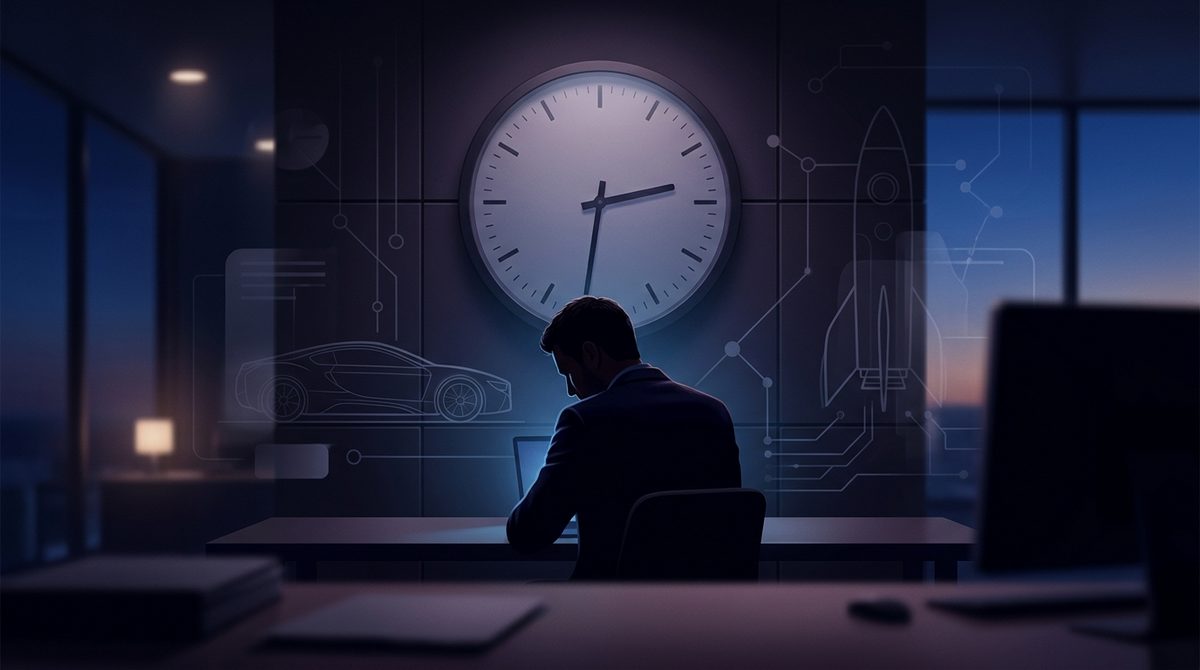 Ile godzin śpi Elon Musk? Zmęczony wizjoner w tle z zegarem wskazującym 6 godzin snu, symbolizującym intensywną pracę i krótką regenerację.