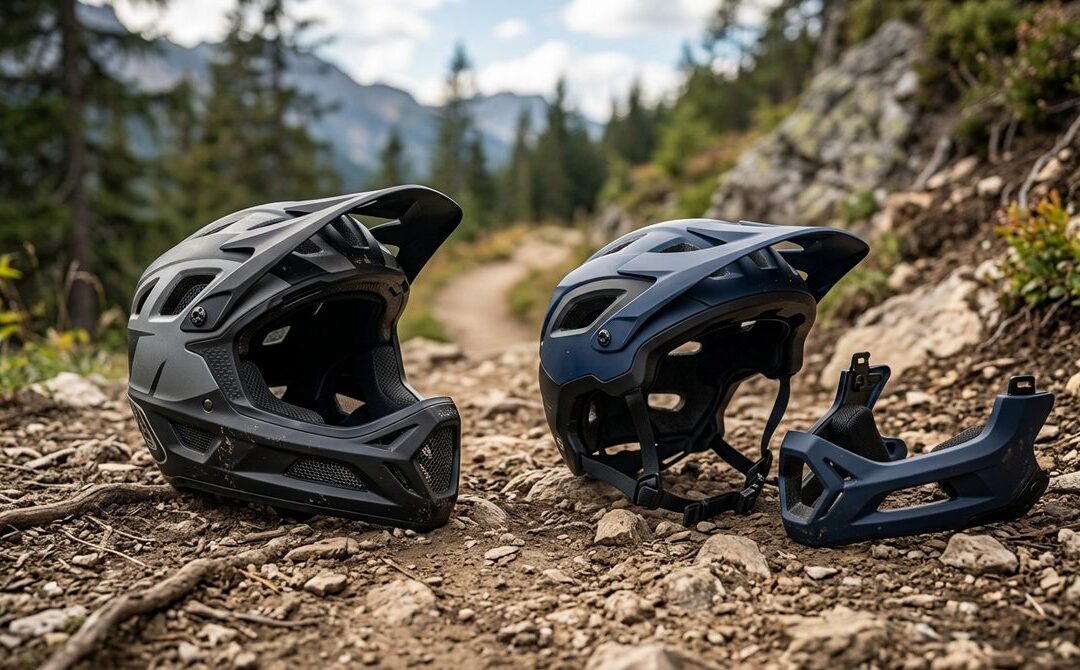 Kask integralny i kask z odpinaną szczęką leżące obok siebie na szlaku MTB. Wizualne porównanie: kask szczękowy czy integralny.