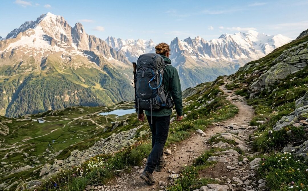 Turysta z ergonomicznym plecakiem trekkingowym na szlaku, podziwiający górski krajobraz. Idealny wybór dobrych plecaków trekkingowych.