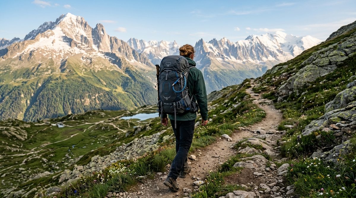 Turysta z ergonomicznym plecakiem trekkingowym na szlaku, podziwiający górski krajobraz. Idealny wybór dobrych plecaków trekkingowych.