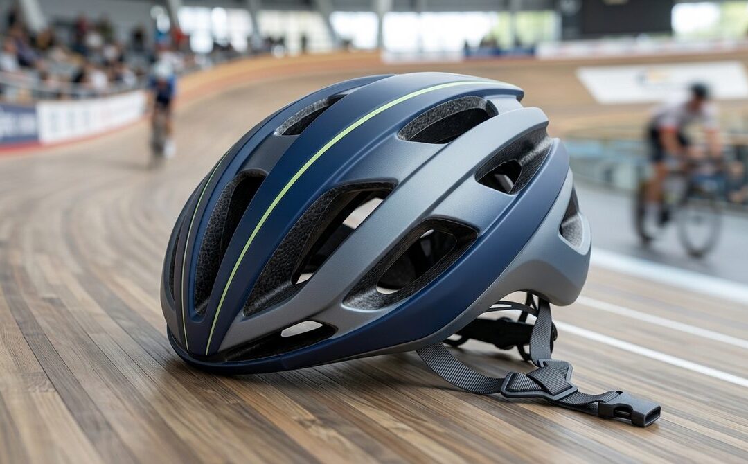 Nowoczesny kask rowerowy z Decathlonu na eleganckim tle, podkreślający zaawansowane bezpieczeństwo i komfort.