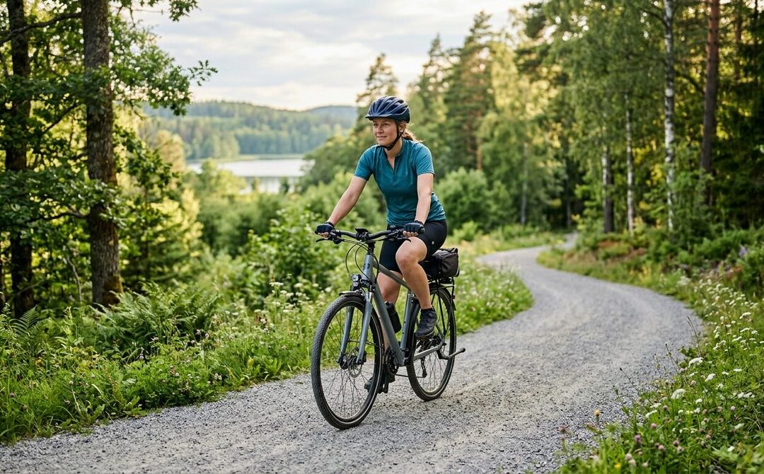 Jazda na rowerze z przepukliną kręgosłupa: osoba na rowerze trekkingowym z prawidłową postawą, na gładkiej ścieżce.