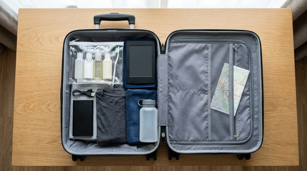 Ułożone rzeczy w bagażu podręcznym: płyny 100ml, powerbank, ubrania. Ilustruje co można włożyć do bagażu podręcznego w samolocie.