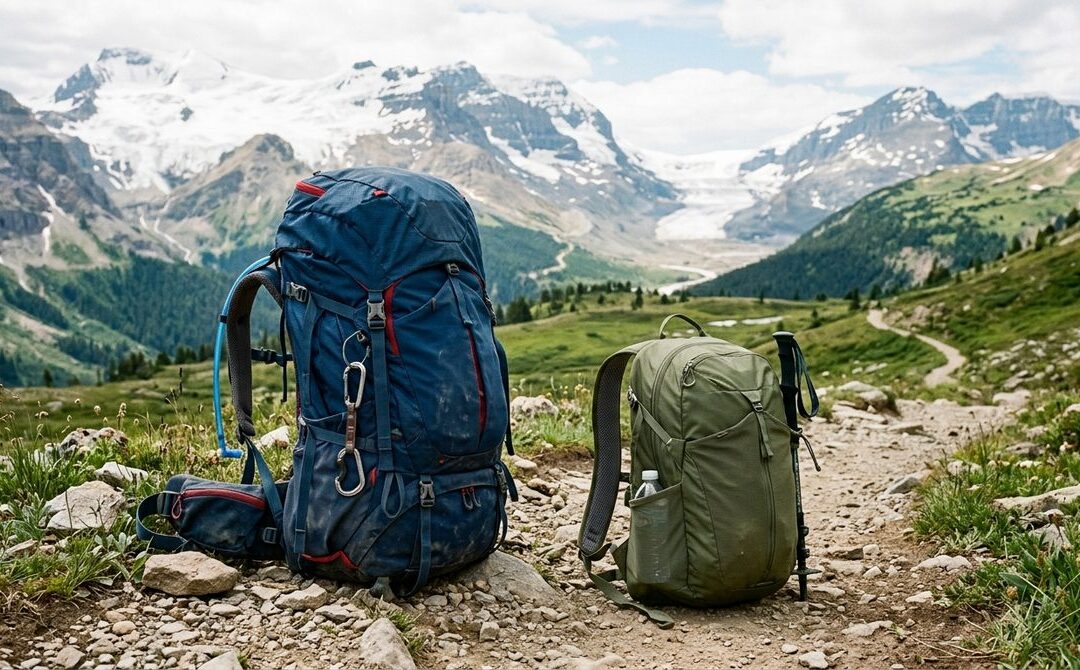 Plecak trekkingowy i turystyczny stojące obok siebie na górskim szlaku, ukazujące ich rozmiary i przeznaczenie.