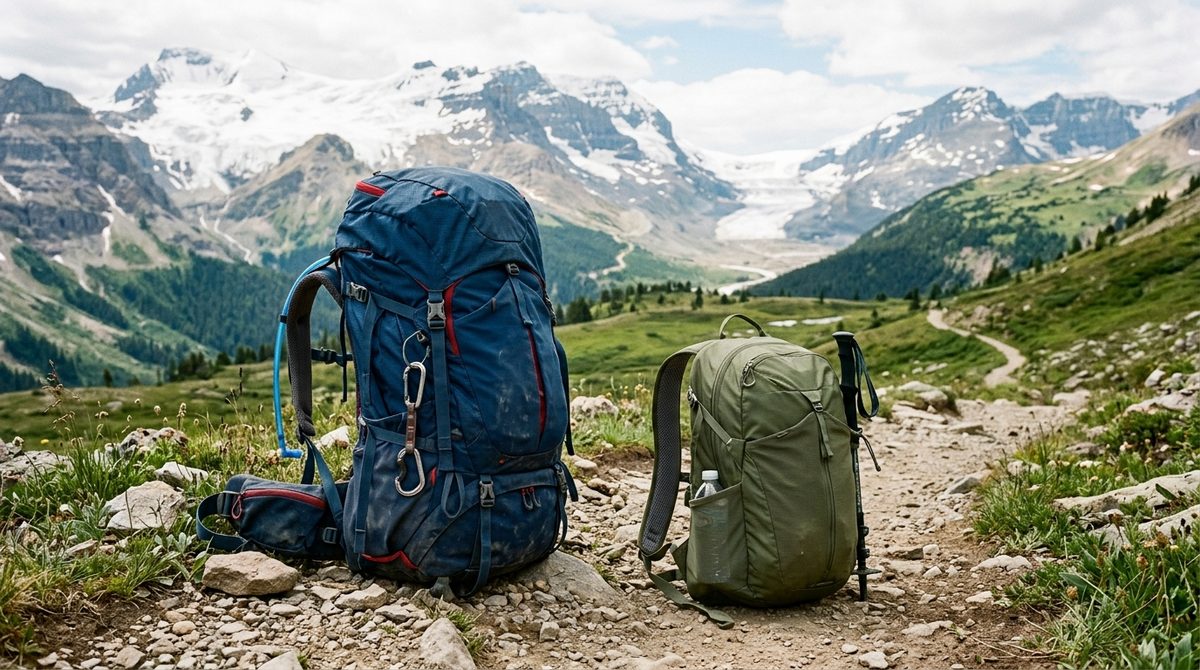Plecak trekkingowy i turystyczny stojące obok siebie na górskim szlaku, ukazujące ich rozmiary i przeznaczenie.