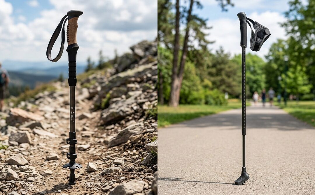 Porównanie kijów trekkingowych i kijków nordic walking, stojących w różnych sceneriach, ilustrujące ich kluczowe różnice.