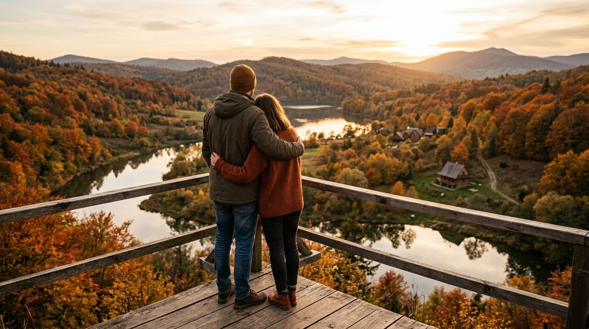 Para z perspektywy pleców, podziwiająca idylliczny krajobraz, planując fajne miejsca na weekend we dwoje w Polsce.