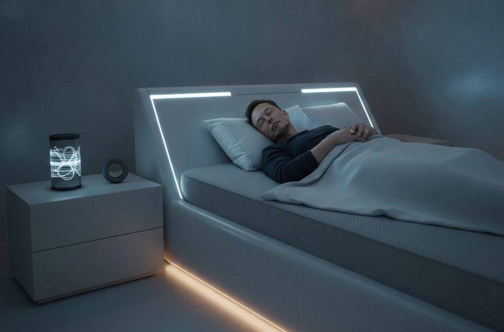 Ile godzin śpi Elon Musk? Zrelaksowany Elon Musk w nowoczesnej sypialni, z dyskretnymi elementami technologii monitorującej sen, symbolizujący optymalizację odpoczynku.
