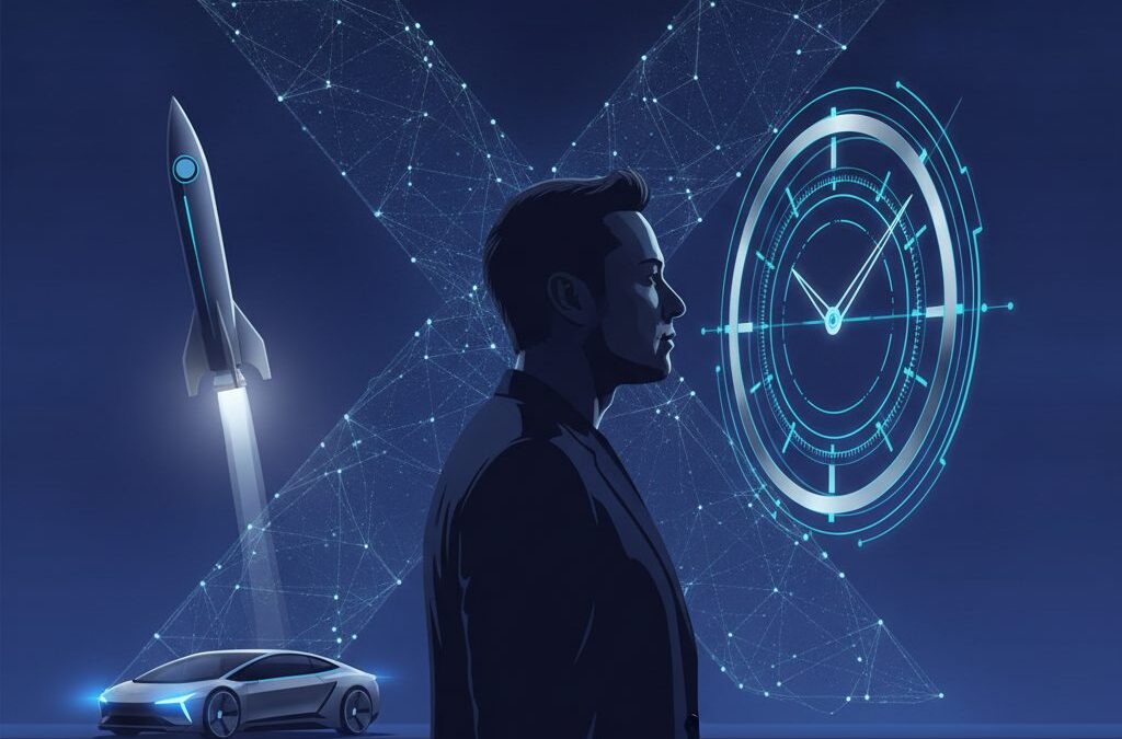 Elon Musk patrzy na zegar, w tle rakiety i samochody. Obraz symbolizuje dylemat: ile godzin śpi Elon Musk przy tak wielu projektach?