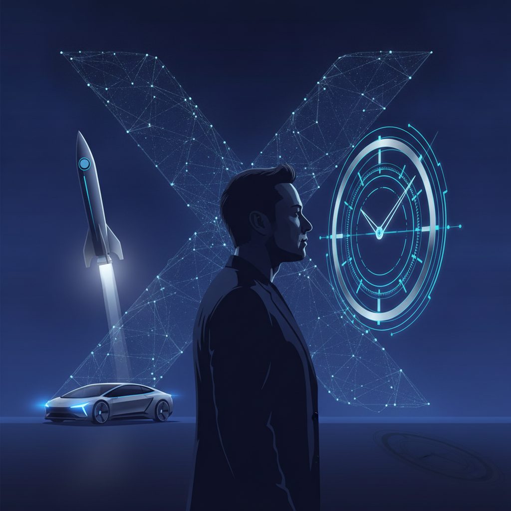 Elon Musk patrzy na zegar, w tle rakiety i samochody. Obraz symbolizuje dylemat: ile godzin śpi Elon Musk przy tak wielu projektach?