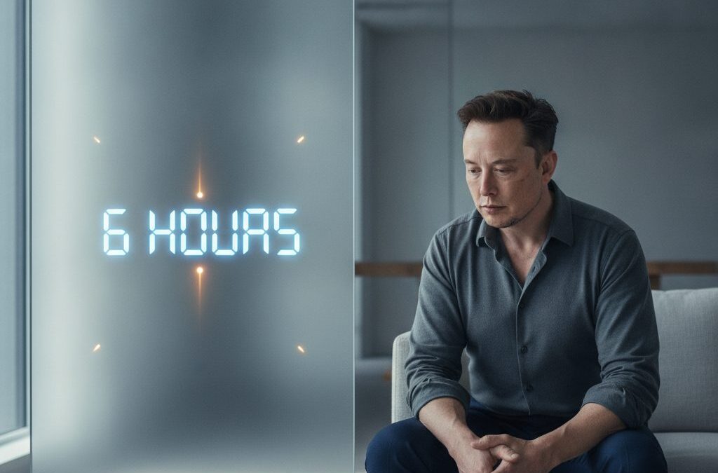Mężczyzna w typie Elona Muska, zrelaksowany po 6 godzinach snu, z zegarem w tle. Ile godzin śpi Elon Musk.
