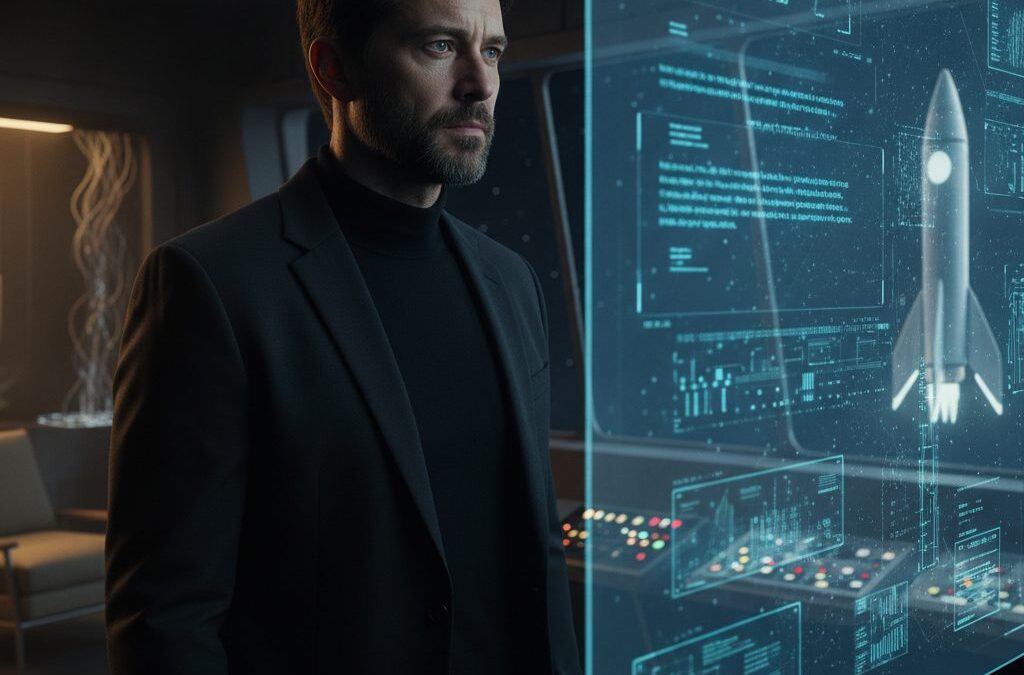 Wyczerpany, ale zdeterminowany mężczyzna, wzorowany na Elonie Musku, w futurystycznym centrum dowodzenia. Ile godzin śpi Elon Musk?