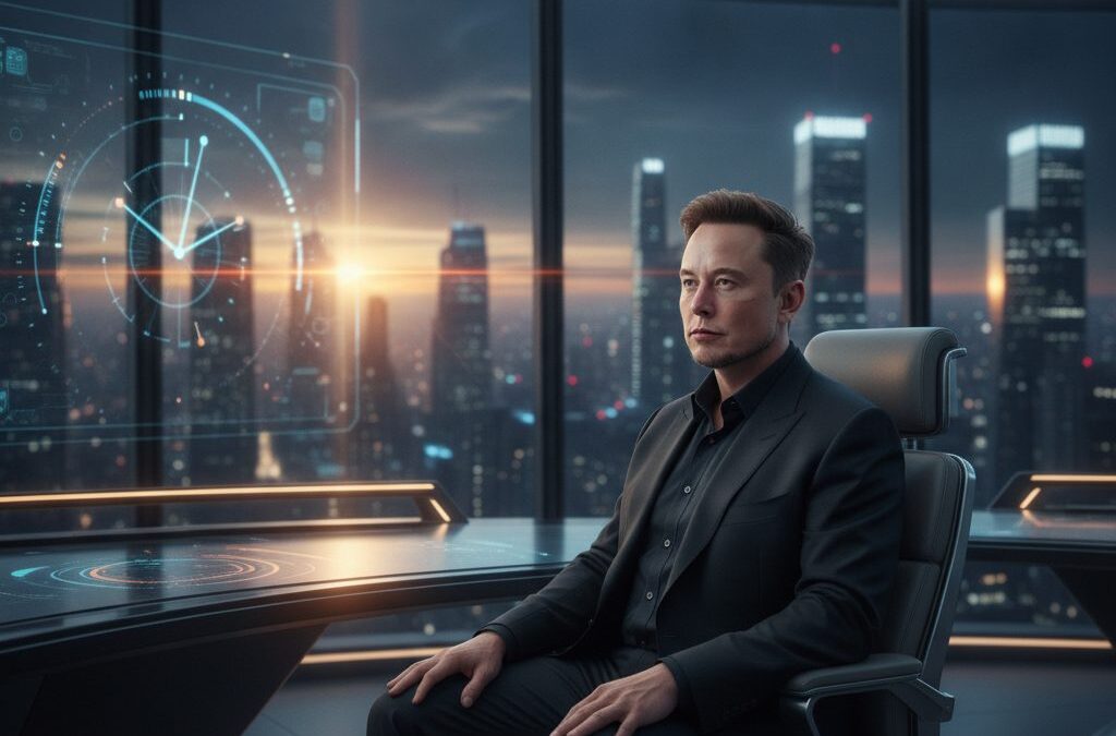 Portret skupionego Elona Muska w futurystycznym biurze, z subtelnym światłem świtu, ilustrujący ile godzin śpi Elon Musk.