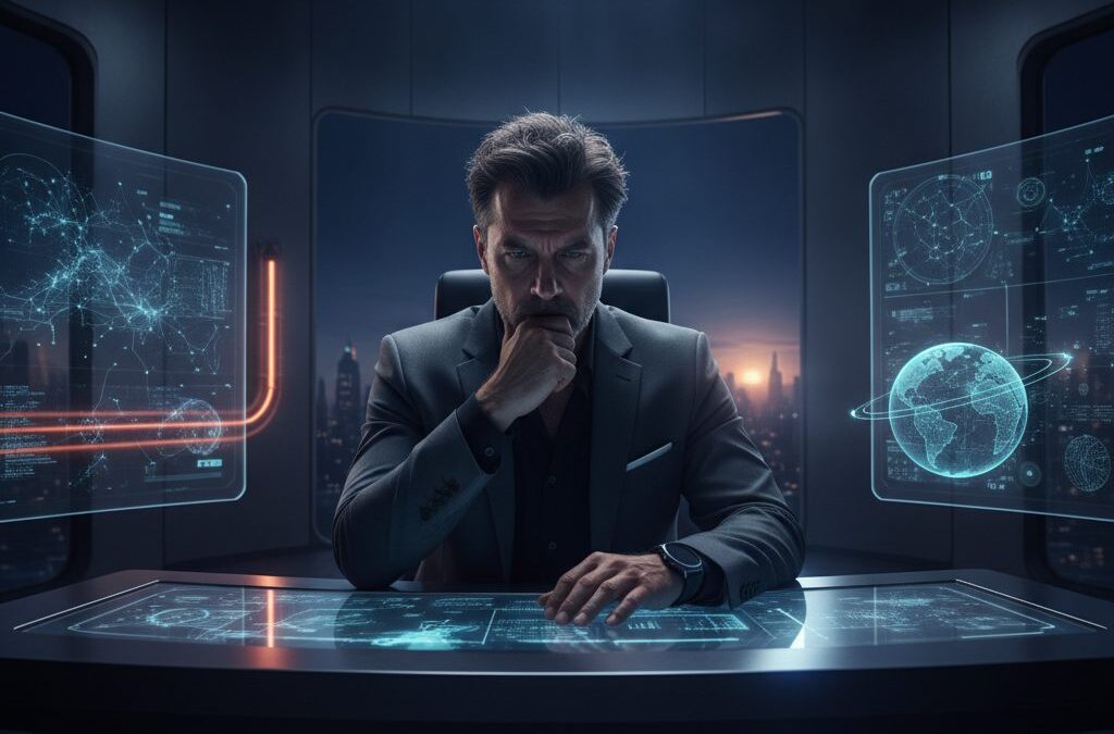 Ile godzin śpi Elon Musk? Zamyślony lider technologiczny przy futurystycznym biurku z zegarem, symbolizującym walkę ze snem.