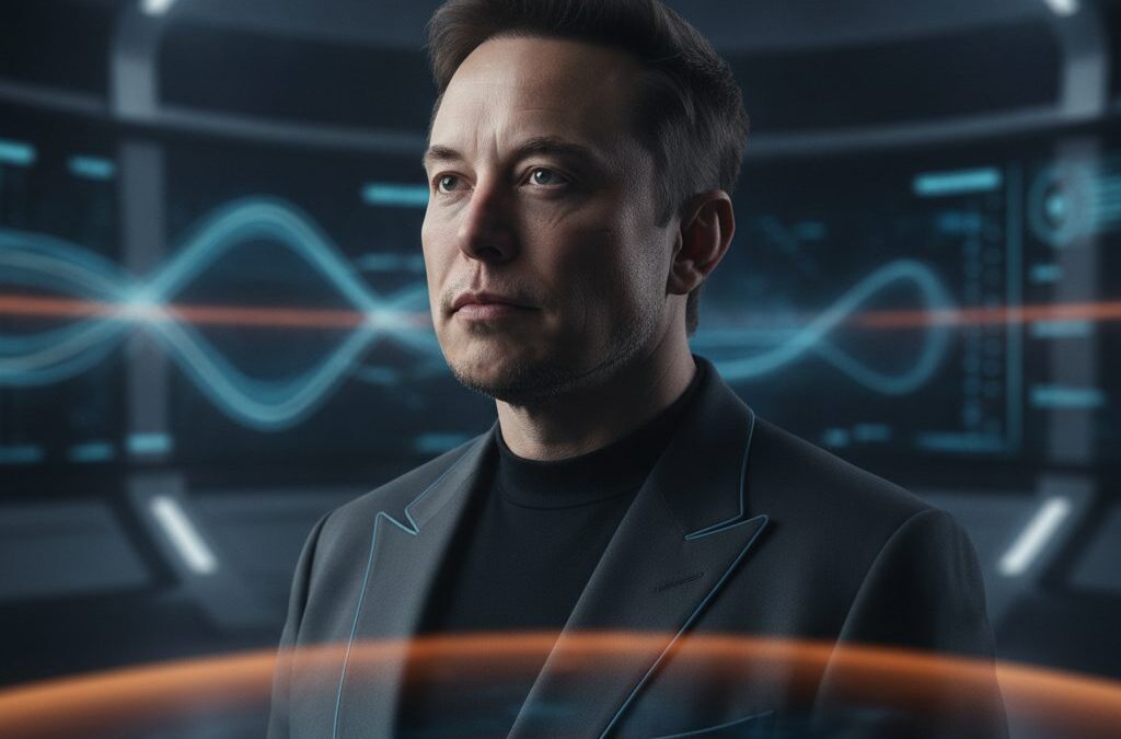 Zamyślony Elon Musk obok zegara, symbolizujący balans między snem a pracą. Ile godzin śpi Elon Musk, to klucz do jego wydajności.