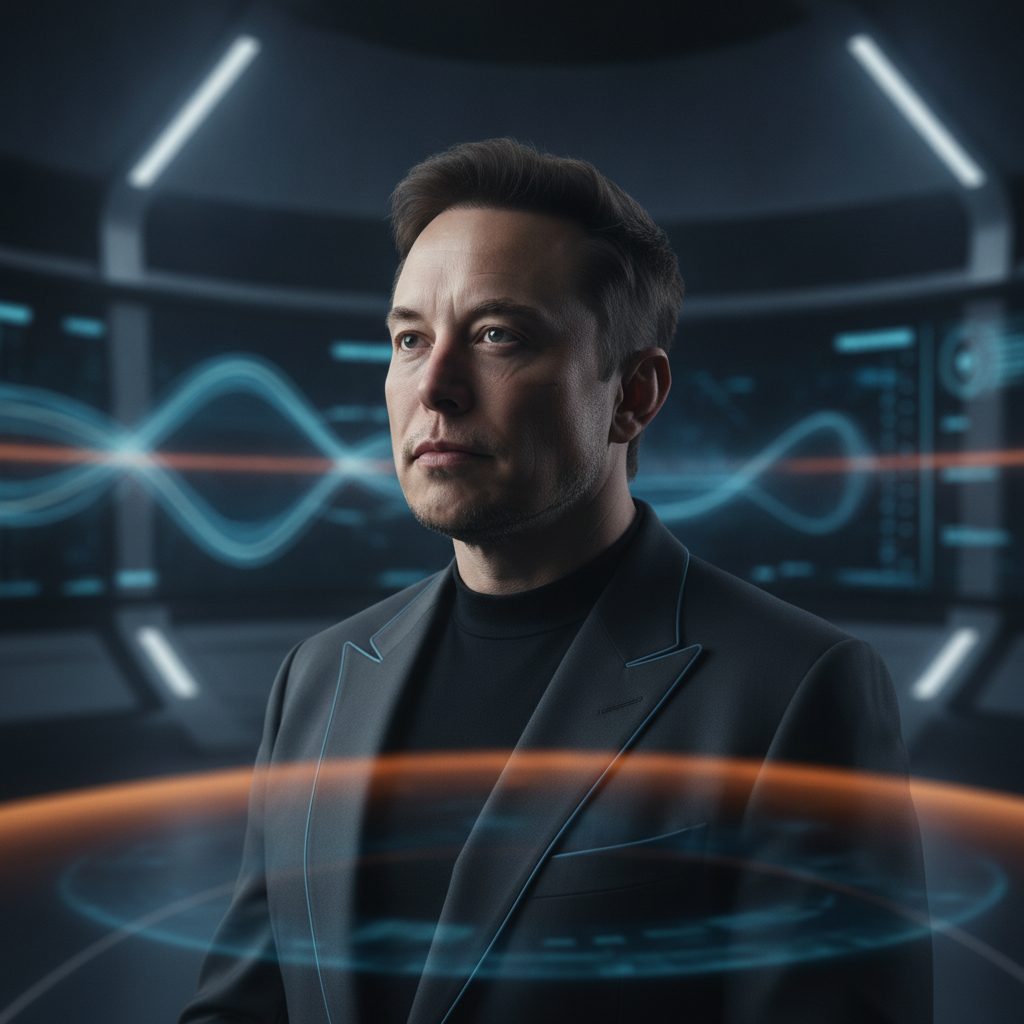 Zamyślony Elon Musk obok zegara, symbolizujący balans między snem a pracą. Ile godzin śpi Elon Musk, to klucz do jego wydajności.