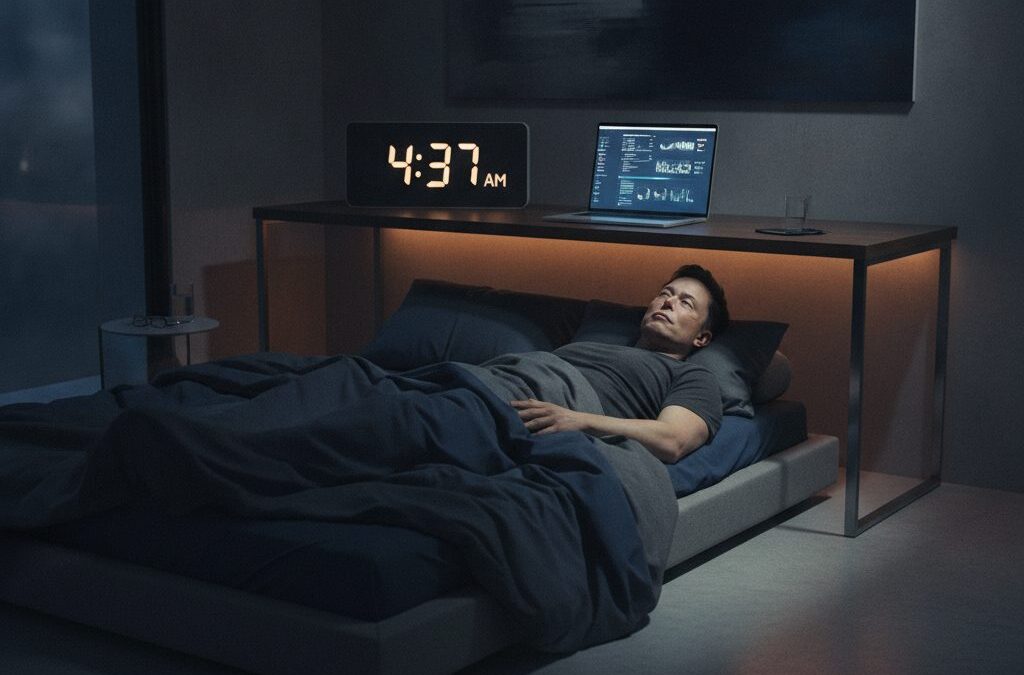 Cyfrowy zegar obok śpiącego mężczyzny, obrazujący ile godzin śpi Elon Musk i wyzwania związane z jego harmonogramem.