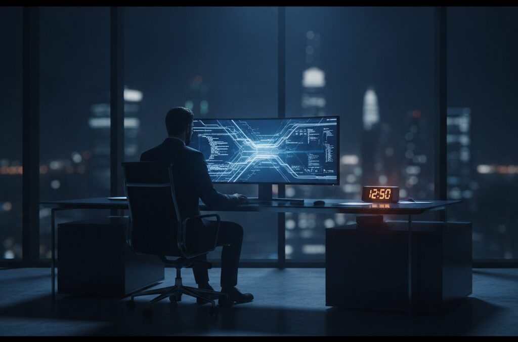 Zamyślony lider w nocnym biurze, skupiony na ekranie. Widoczny cyfrowy zegar. Refleksja nad tym, ile godzin śpi Elon Musk.