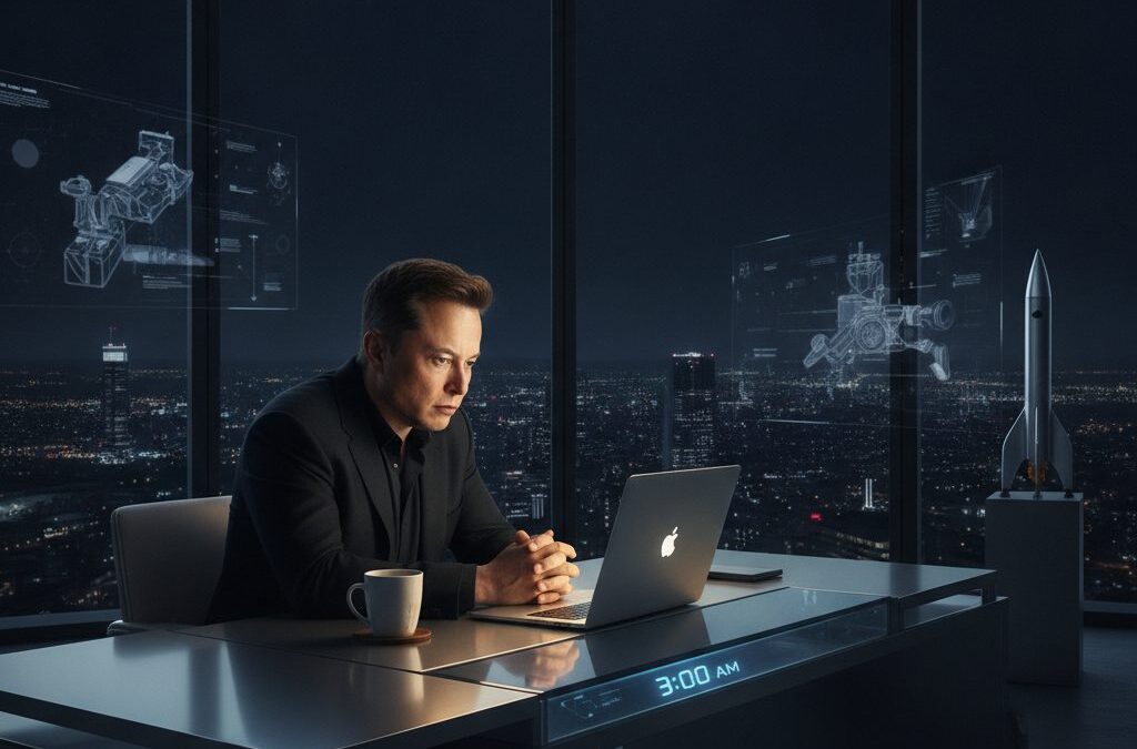 Ile godzin śpi Elon Musk? Biznesmen przy biurku w nocnej scenerii, z widocznymi elementami technologii i zegarem.