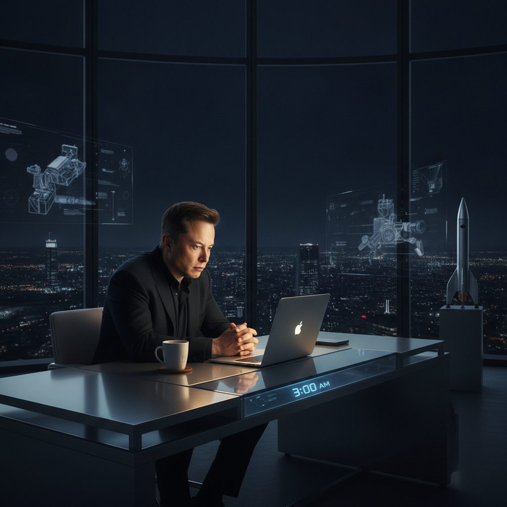 Ile godzin śpi Elon Musk? Biznesmen przy biurku w nocnej scenerii, z widocznymi elementami technologii i zegarem.