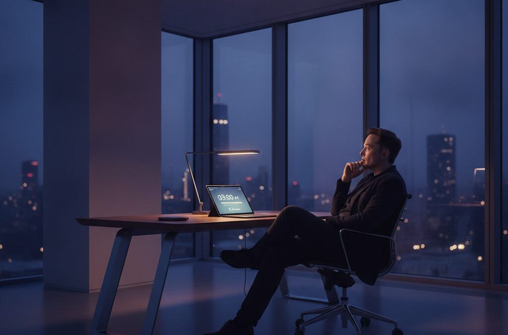 Zamyślony Elon Musk w tle nocnego biura, z subtelnymi elementami wskazującymi na 6 godzin snu i wyzwania. Ile godzin śpi Elon Musk.