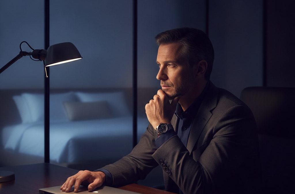 Ile godzin śpi Elon Musk? Zamyślony lider przy eleganckim biurku nocą, w tle delikatny zarys sypialni, symbol równowagi praca-sen.