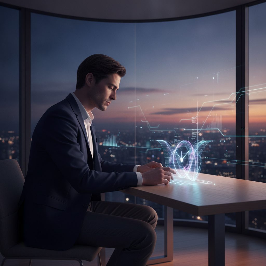Biznesmen przy biurku w nocnym biurze, spoglądający na zegar, odzwierciedlający, ile godzin śpi Elon Musk i wyzwania snu.