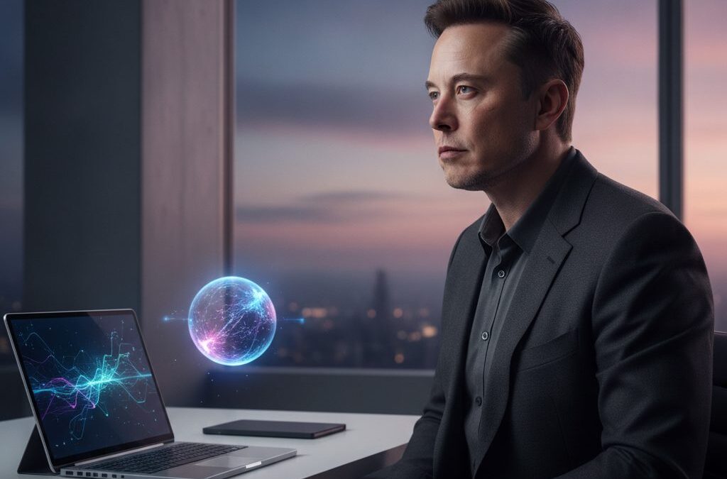 Elon Musk w nowoczesnym biurze nocą, rozważający, ile godzin snu potrzebuje dla optymalnej produktywności.