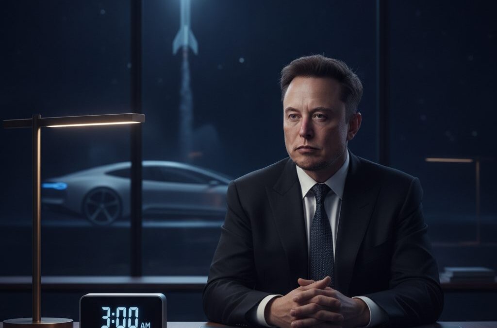 Ile godzin śpi Elon Musk? Portret biznesmena w nocnym biurze, z zegarem i grafiką rakiety, ukazujący dylemat snu.