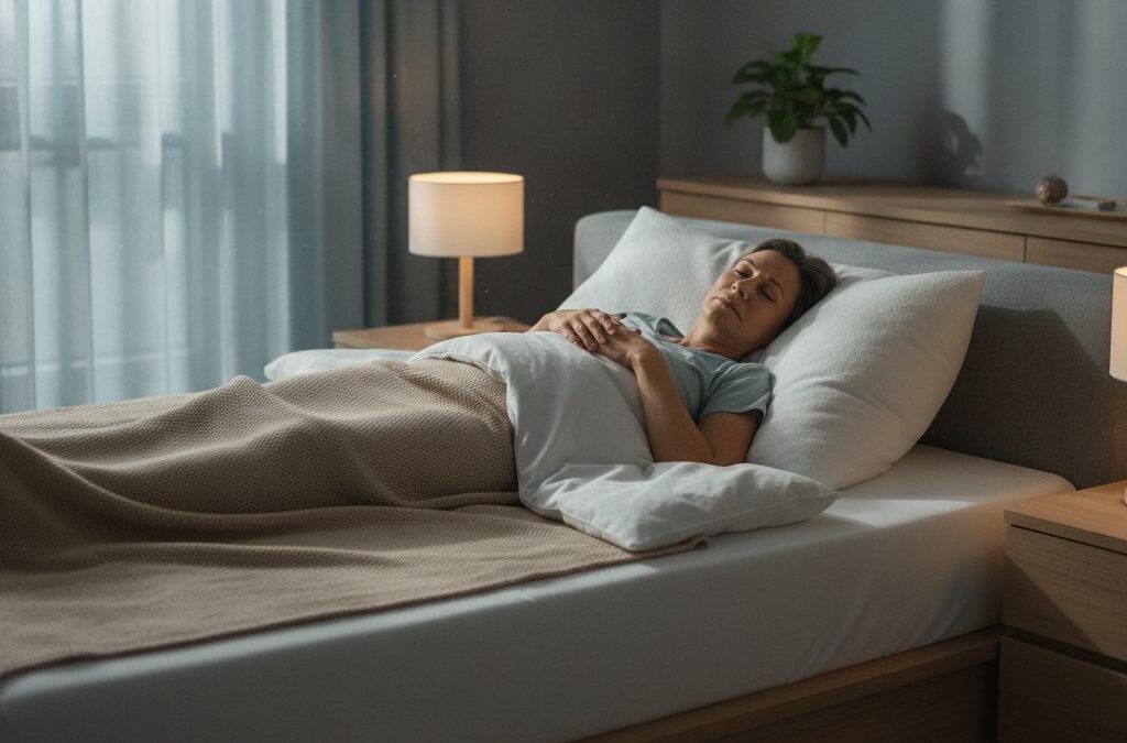 Spokojnie śpiąca osoba w komfortowym łóżku z uniesionym wezgłowiem, dla zdrowego wypoczynku. Jak spać po zawale serca.