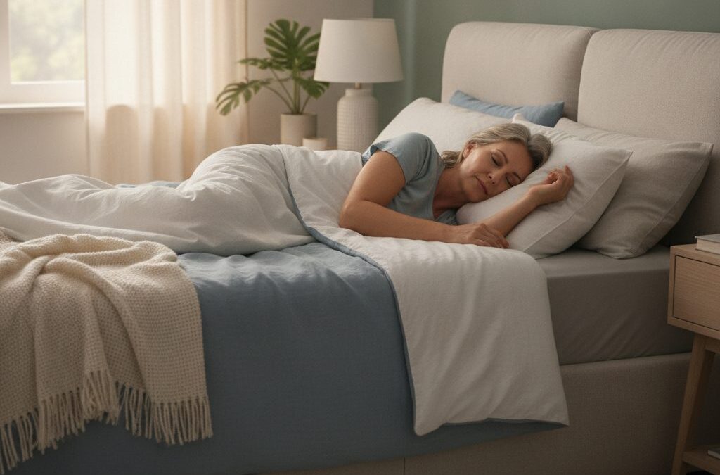 Pacjent spokojnie śpiący w łóżku z uniesionym wezgłowiem, ilustrujący, jak spać po zawale serca i bezpiecznie się regenerować.