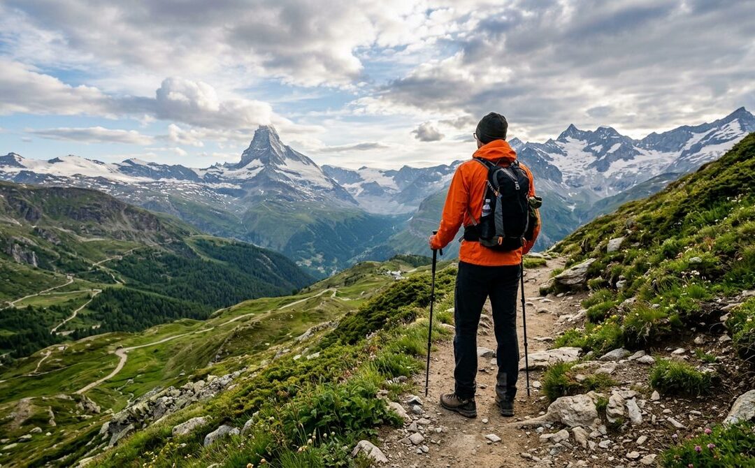 Turystka na szlaku, ubrana warstwowo, z plecakiem i kijami, z widokiem na Tatry. Jak ubrać się w góry latem bezpiecznie.