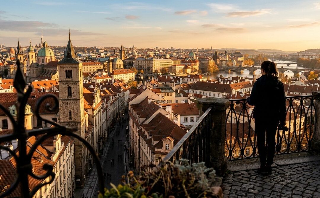 Panoramiczny widok na tętniące życiem europejskie miasto z historyczną architekturą o zachodzie słońca, idealne na city break.