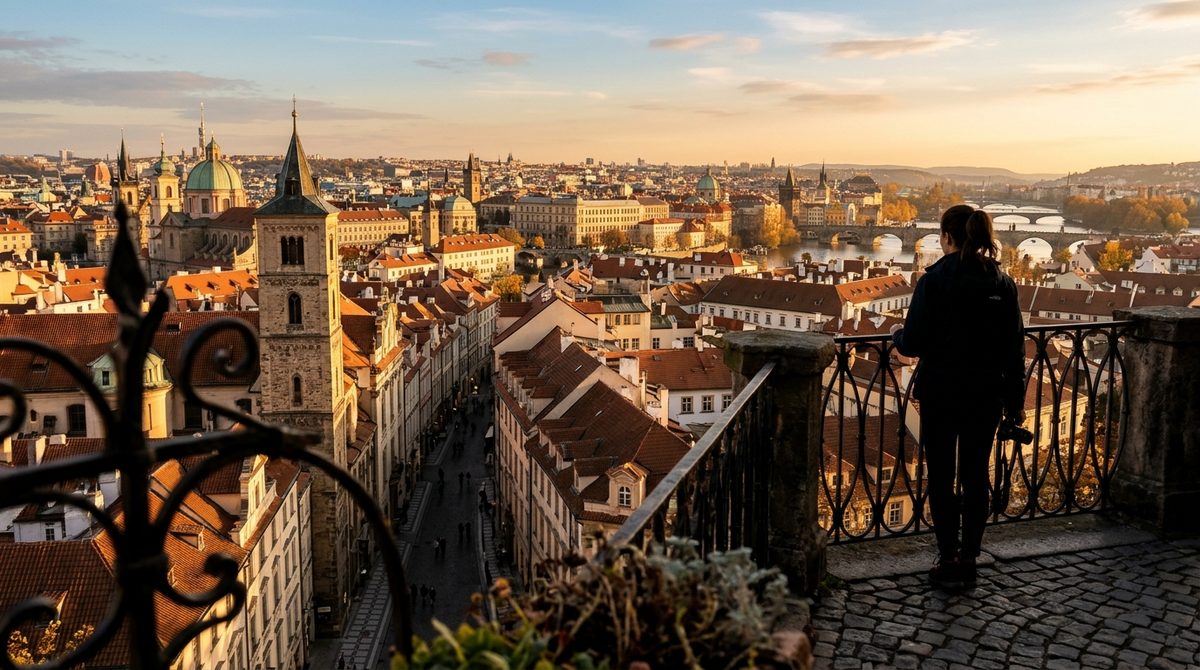 Panoramiczny widok na tętniące życiem europejskie miasto z historyczną architekturą o zachodzie słońca, idealne na city break.